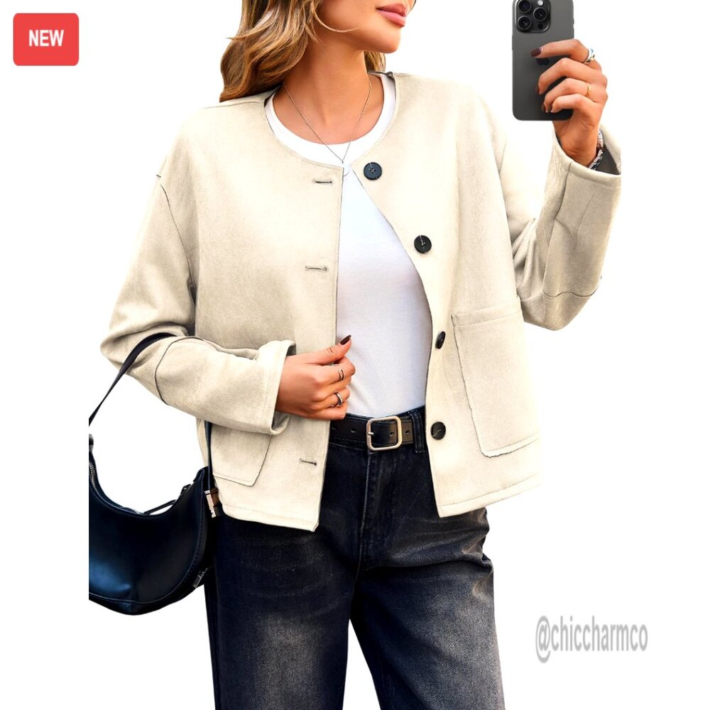 Faux Suede Cropped Bomber Jacket, Collarless Button Down, Lightweight Outerwear